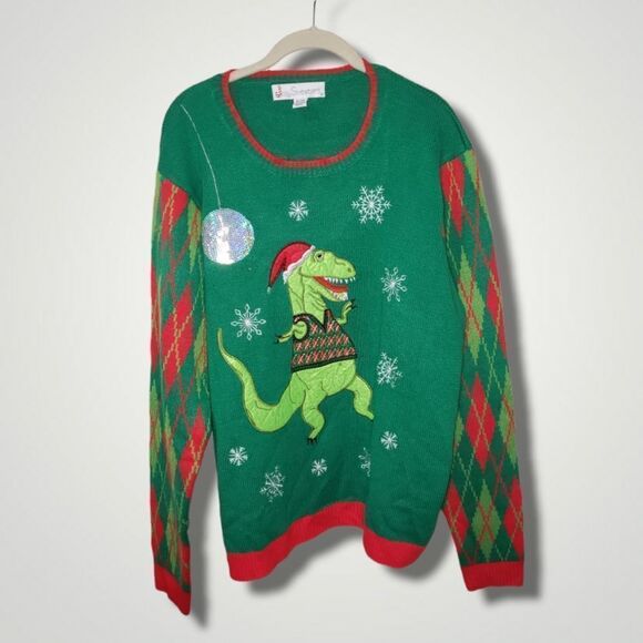 JOLLY SWEATERS Disco Dancing T-Rex Sweater Holiday ugly sweater Size XL - Picture 2 of 6